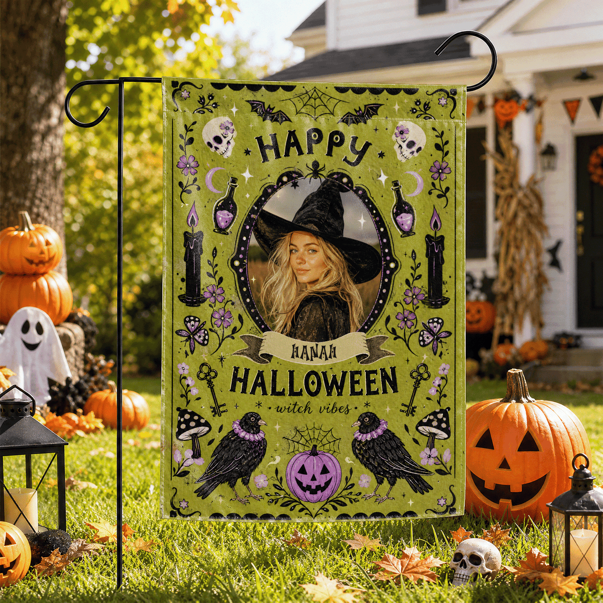 Personalized Happy Halloween Witch Vibes Custom Photo Crow Potion Double Sided Outdoor Garden Flag Custom Name Yard Banner