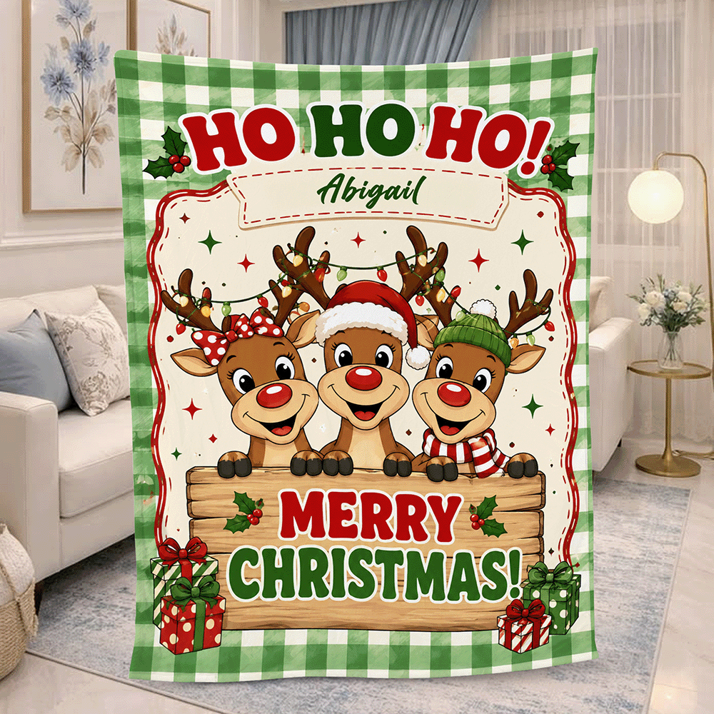 Personalized Green Gingham Reindeer Christmas Blanket, Custom Name HO HO HO Holiday Fleece Blanket for Kids, Cozy Reindeer Trio Xmas Throw Keepsake Gift
