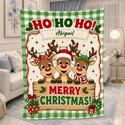 Personalized Green Gingham Reindeer Christmas Blanket, Custom Name HO HO HO Holiday Fleece Blanket for Kids, Cozy Reindeer Trio Xmas Throw Keepsake Gift