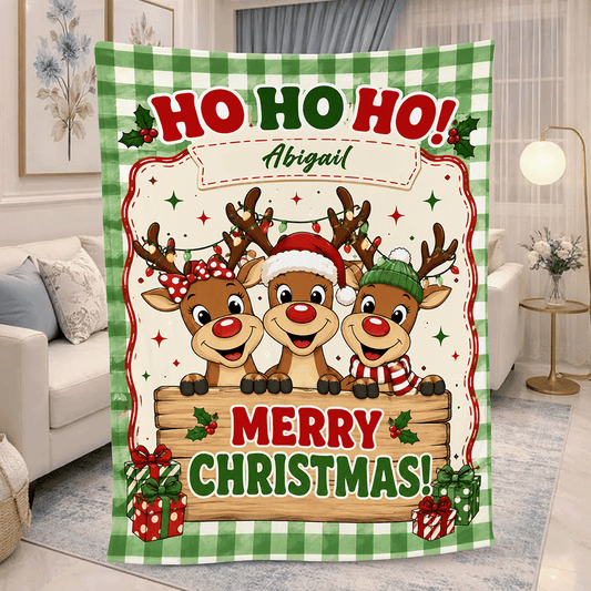 Personalized Green Gingham Reindeer Christmas Blanket, Custom Name HO HO HO Holiday Fleece Blanket for Kids, Cozy Reindeer Trio Xmas Throw Keepsake Gift