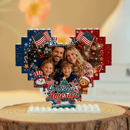 Personalized Photo Heart Building Block in Navy Blue, Red & White, Custom Family Picture Patriotic God Bless America Xmas Brick Puzzle Keepsake Decor, Festive Christmas Desk Gift