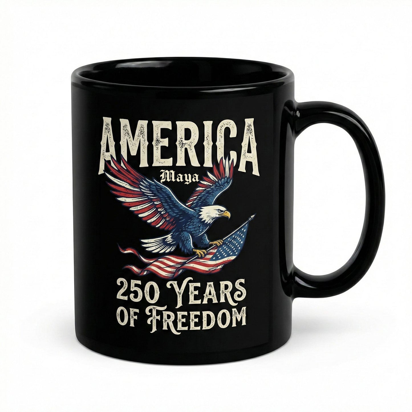 America 250 Years of Freedom Personalized Black Mug – Patriotic Eagle Flag USA Anniversary Mug