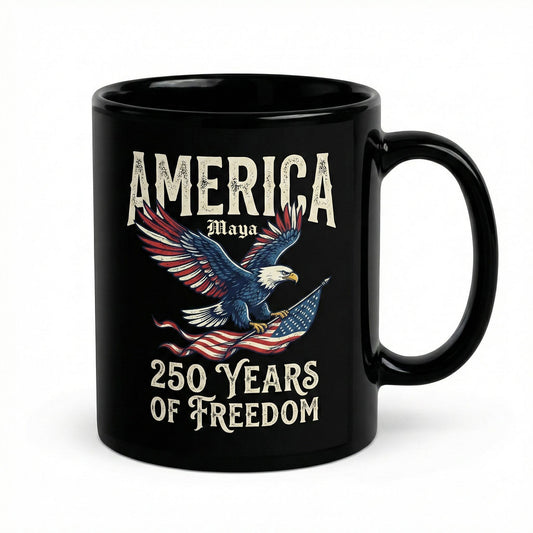 America 250 Years of Freedom Personalized Black Mug – Patriotic Eagle Flag USA Anniversary Mug