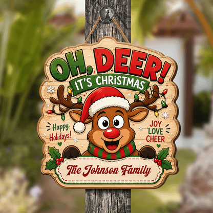 Personalized Reindeer JOY Lights Gift Custom Shape Wood Sign, Custom Family Name Rudolph Christmas Plaque Wooden Hanging Decor, Festive Holiday Door & Wall Decor Family Gift