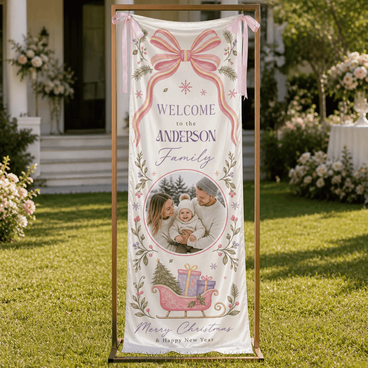Custom Photo Coquette Pink Bow Christmas Family Fabric Welcome Banner, Personalized Family Name Entrance Hanging Sign with Ribbon Ties, Pastel Santa Sleigh Xmas Party Decor