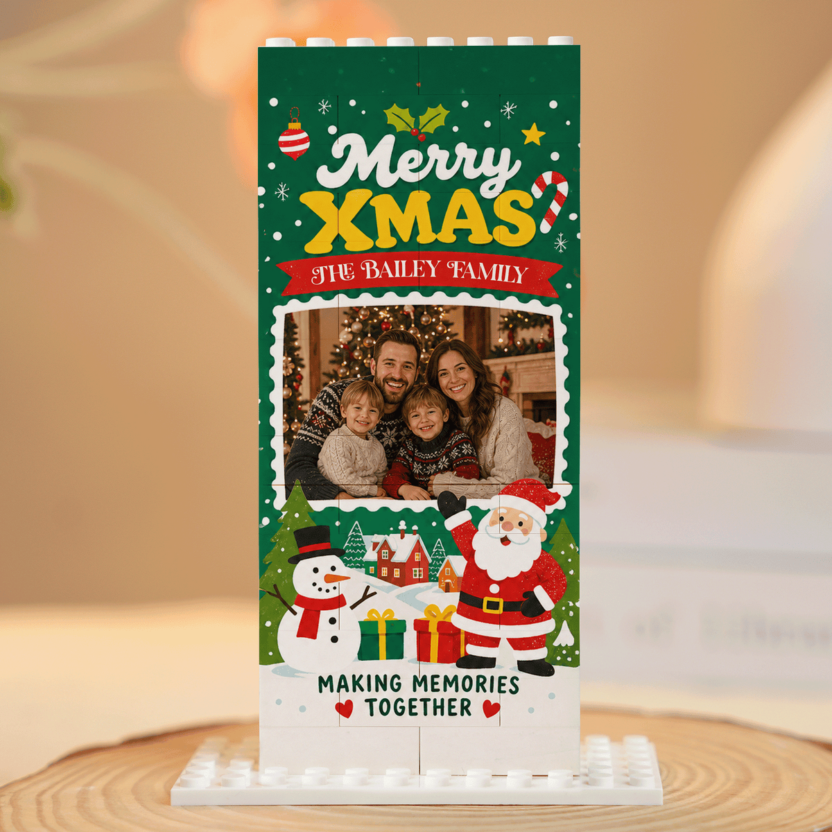 Personalized Photo Christmas Building Block in Deep Green, Custom Family Name Santa Claus & Snowman Brick Puzzle Keepsake Decor, Festive Holiday Desk Gift