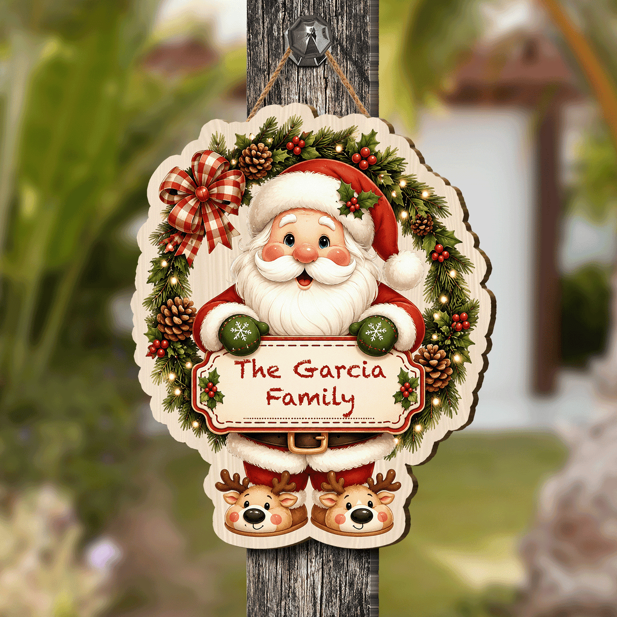 Personalized Santa Wreath Reindeer Slippers Custom Shape Wood Sign, Cute Christmas Door Hanger Custom Family Name Holding Plaque Wooden Sign, Holiday Wall Decor & Family Gift