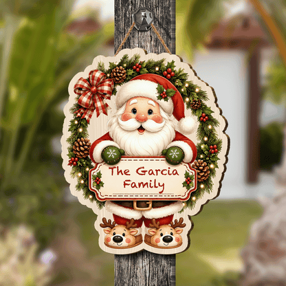 Personalized Santa Wreath Reindeer Slippers Custom Shape Wood Sign, Cute Christmas Door Hanger Custom Family Name Holding Plaque Wooden Sign, Holiday Wall Decor & Family Gift