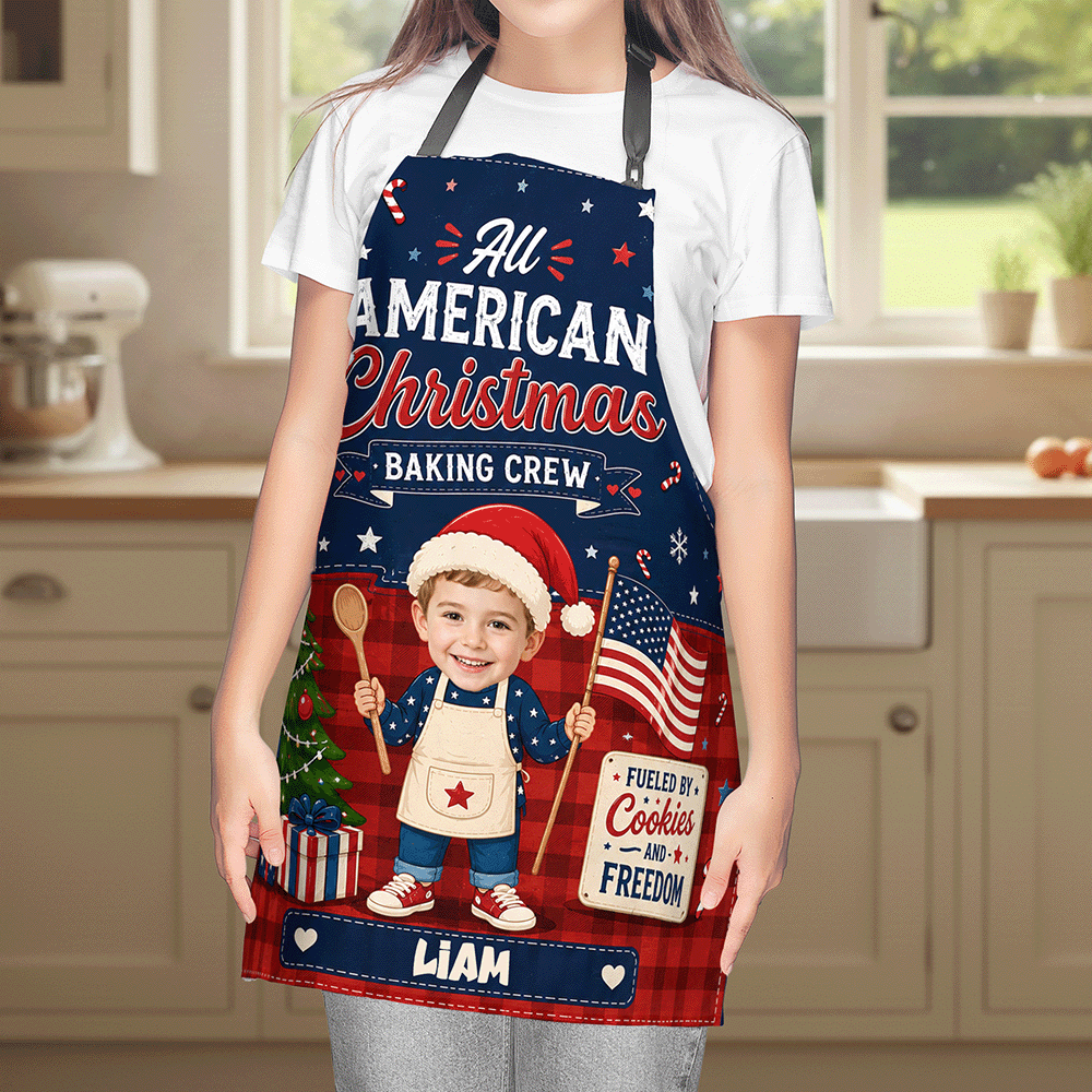 Personalized All American Christmas Baking Crew Apron with Photo & Name, Custom Christmas Baking Apron, Holiday Kitchen Gift for Mom, Dad & Family