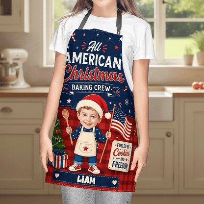 Personalized All American Christmas Baking Crew Apron with Photo & Name, Custom Christmas Baking Apron, Holiday Kitchen Gift for Mom, Dad & Family