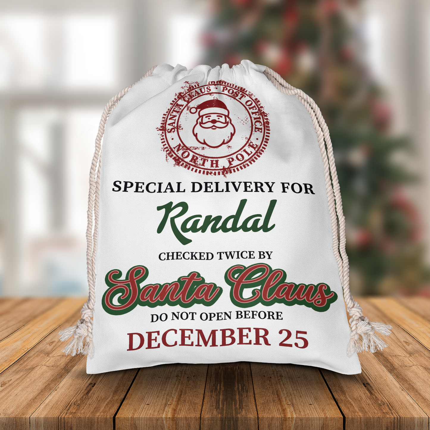 Personalized Special Delivery Checked Twice by Santa Claus Christmas Sack with Custom Name