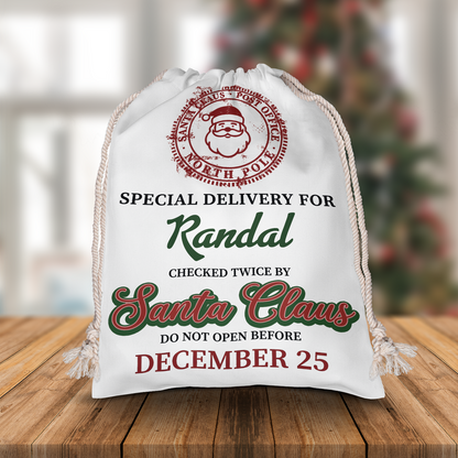 Personalized Special Delivery Checked Twice by Santa Claus Christmas Sack with Custom Name