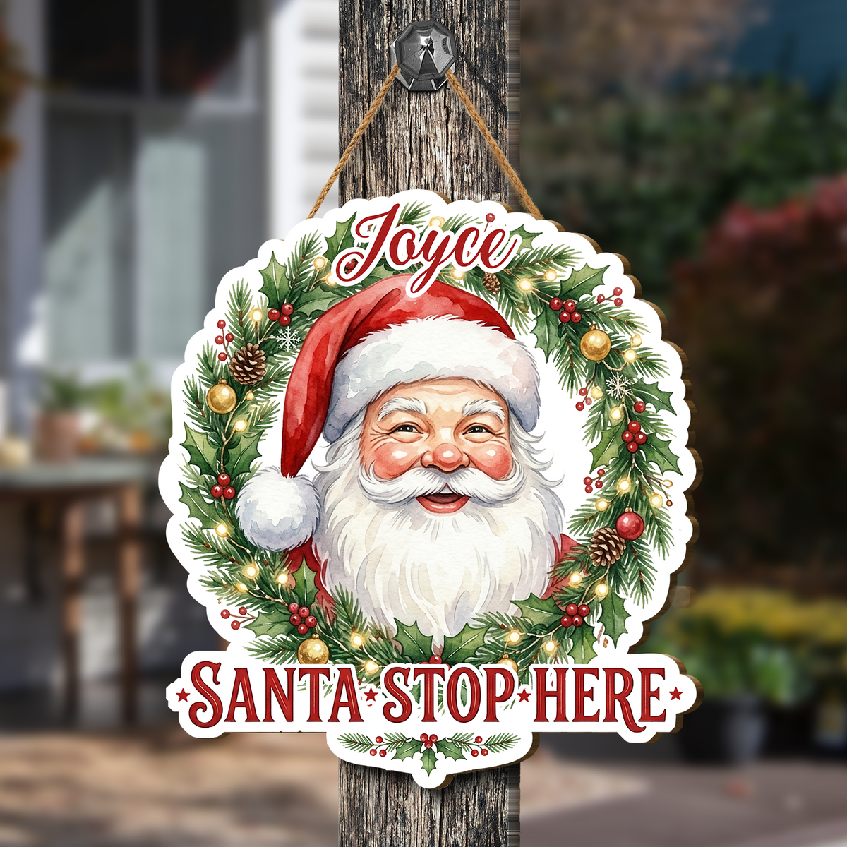Personalized Santa Claus Wreath Custom Shape Wood Sign, Custom Family Name Santa Stop Here Pine Wreath Wooden Hanging Plaque, Festive Christmas Door & Wall Decor Family Gift