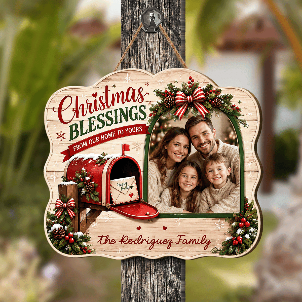 Personalized Christmas Blessings Mailbox Photo Custom Shape Wood Sign, Custom Family Picture Name From Our Home To Yours Wooden Hanging Plaque, Festive Holiday Door & Wall Decor Family Gift