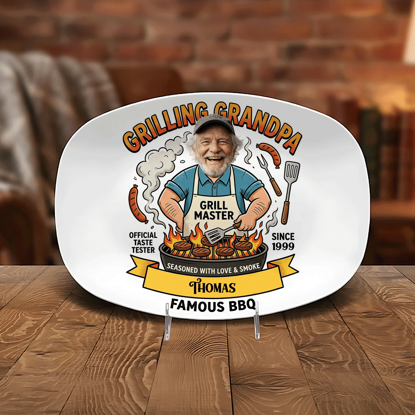 Personalized Grilling Grandpa Famous BBQ Decorative Plate – Custom Name BBQ Keepsake