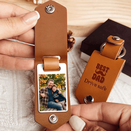 Personalized Leather Photo Keychain for Dad – Best Dad Drive Safe Father’s Day Gift