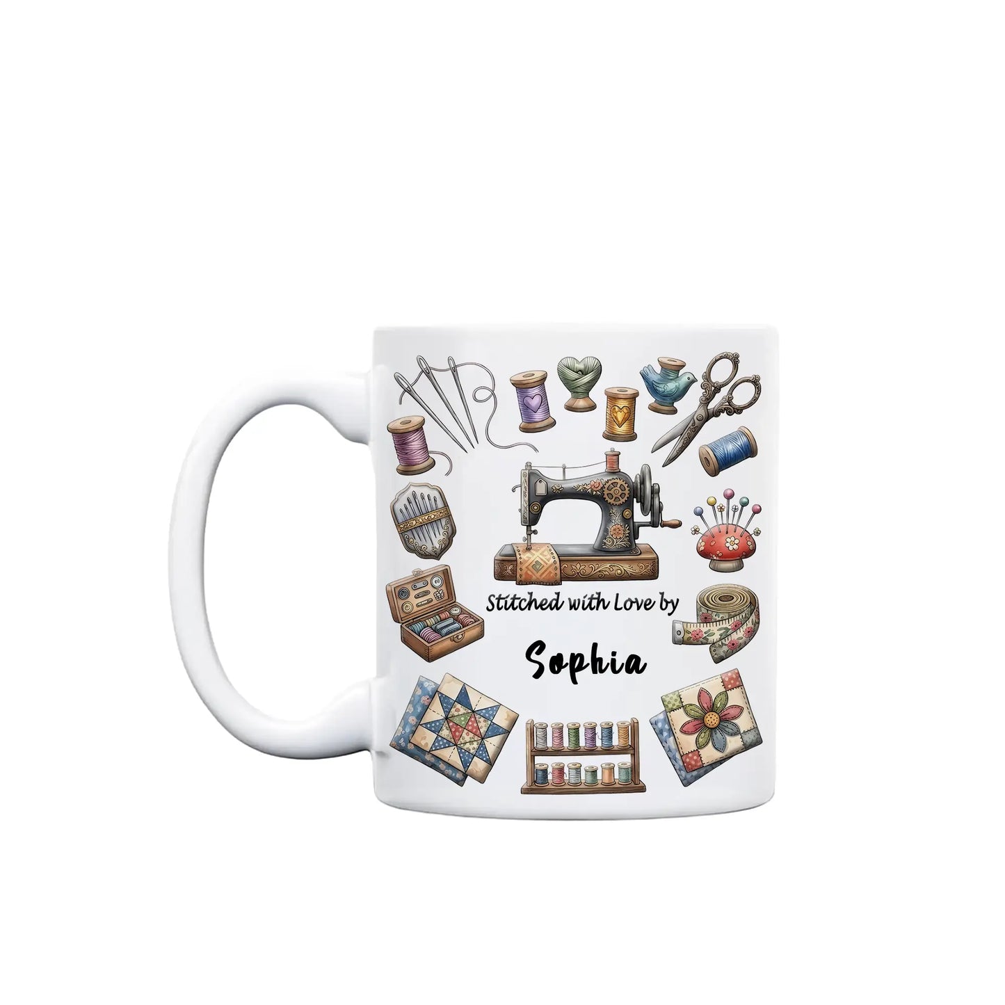 Sewing Love & Thread Design – Personalized Sewing Mom Mug – Mother’s Day Gift for Mom – Custom Name Quilter Mug