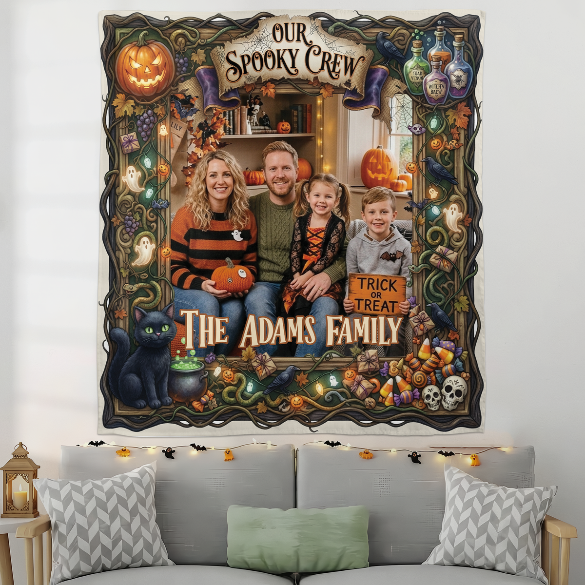 Personalized Halloween Our Spooky Crew Photo Tapestry, Custom Family Photo Name Wall Hanging Decor, Spooky Pumpkin Black Cat Party Backdrop