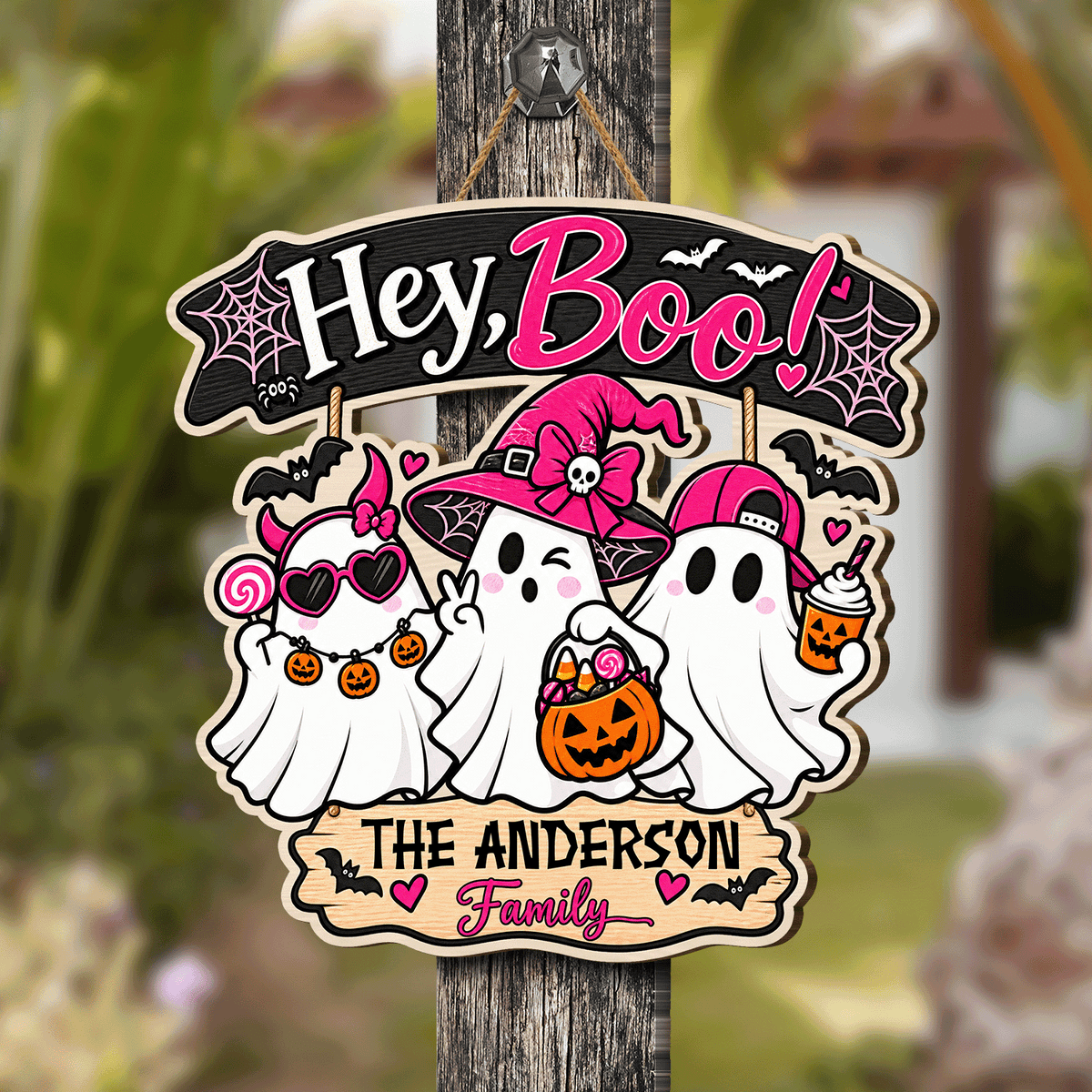 Personalized Halloween Hey Boo Cute Ghosts Pink Witch Custom Shape Wood Sign Spooky Family Name Door Hanger Home Wall Decor