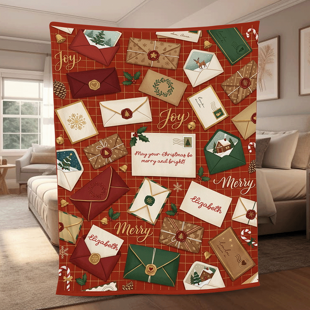 Personalized Christmas Letters Envelopes Blanket, Custom Name Vintage Red Holiday Fleece Blanket, Cozy Xmas Postcards Throw Keepsake Gift