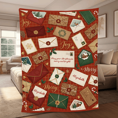 Personalized Christmas Letters Envelopes Blanket, Custom Name Vintage Red Holiday Fleece Blanket, Cozy Xmas Postcards Throw Keepsake Gift