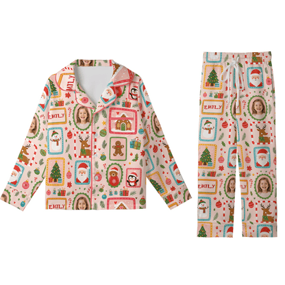 Custom Face Photo Christmas Stamp Frames Personalized Kid Pajamas Set Pink Satin Long Sleeve Button Up Holiday Sleepwear Nightwear Lounge Set