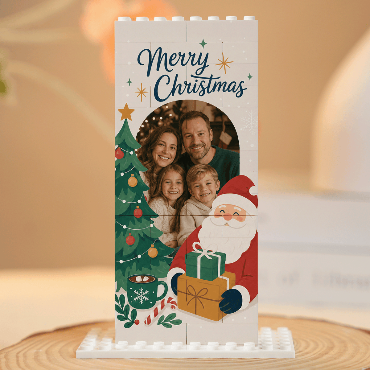 Personalized Photo Christmas Building Block in Vertical White, Custom Family Picture Santa & Christmas Tree Brick Puzzle Keepsake Decor, Festive Holiday Desk Gift