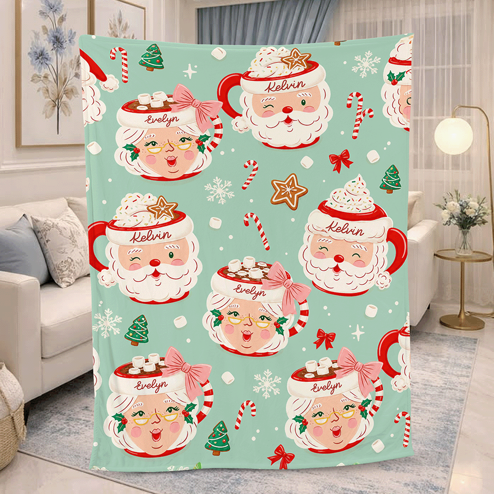 Personalized Santa and Mrs Claus Hot Cocoa Christmas Blanket, Custom Name Mint Green Holiday Fleece Blanket, Cozy Xmas Mug Pattern Throw Keepsake Gift