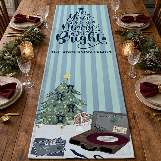 Mint striped quilt table runner reading May Your Days Be Merry and Bright with custom family name and vintage record player