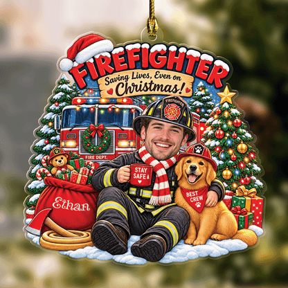Personalized Firefighter Saving Lives Even On Christmas Photo Acrylic Ornament, Custom Name Fire Chief Fire Truck Dog Xmas Tree Hanging Decor Keepsake, Hero Holiday Gift