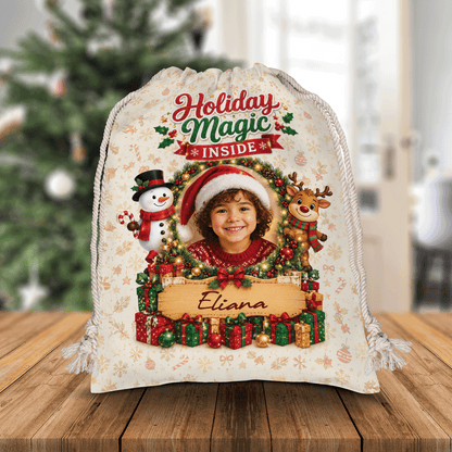 Personalized Holiday Magic Inside Christmas Sack, Custom Name Santa Gift Bag
