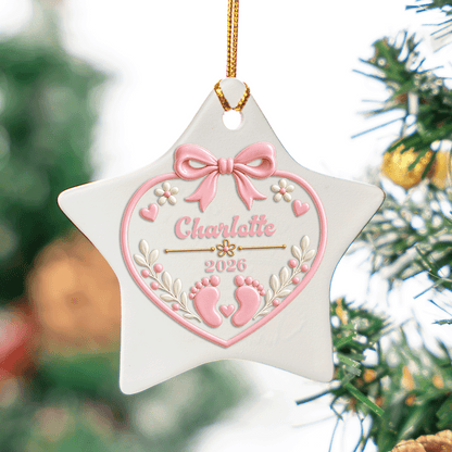 Personalized Baby Footprints Ceramic Star Ornament, Custom Name Year Pink Bow Heart Xmas Tree Hanging Decor Keepsake, Newborn Girl Holiday Gift