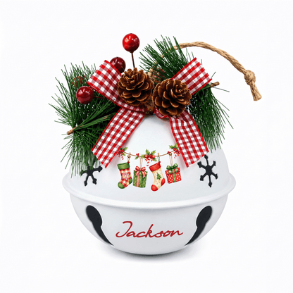 Personalized Christmas stockings jingle bell ornament with custom name, white bell