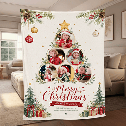 Personalized Multi Photo Christmas Tree Collaged Blanket, Custom Family Name Holiday Fleece Blanket, Cozy Xmas Picture Memory Throw Keepsake Gift
