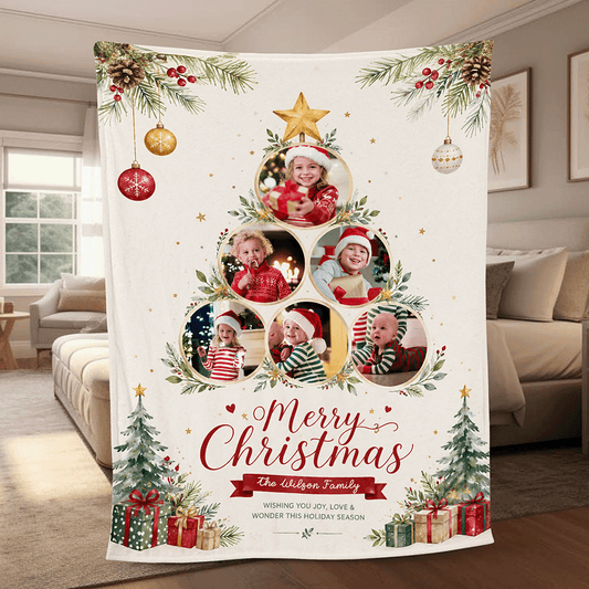 Personalized Multi Photo Christmas Tree Collaged Blanket, Custom Family Name Holiday Fleece Blanket, Cozy Xmas Picture Memory Throw Keepsake Gift