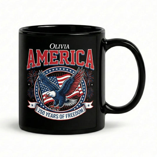 America 250 Years of Freedom Personalized Black Mug – USA 1776–2026 Patriotic Eagle Anniversary Mug