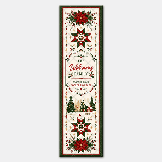 Full length patchwork runner design with poinsettias, red and green barn stars, pine trees and family name frame