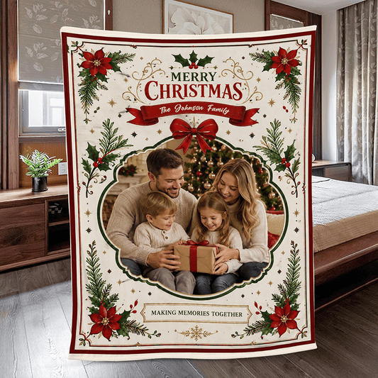 Personalized Photo Merry Christmas Poinsettia Wreath Blanket, Custom Family Name Holiday Fleece Blanket, Cozy Xmas Picture Memory Throw Keepsake Gift