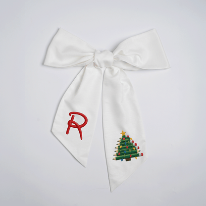 Custom Monogram Pencil Christmas Tree Embroidered Linen Door Wreath Sash, Personalized Initial Teacher School Pencil Tree Lights Holiday Wreath Sash & Front Door Decor