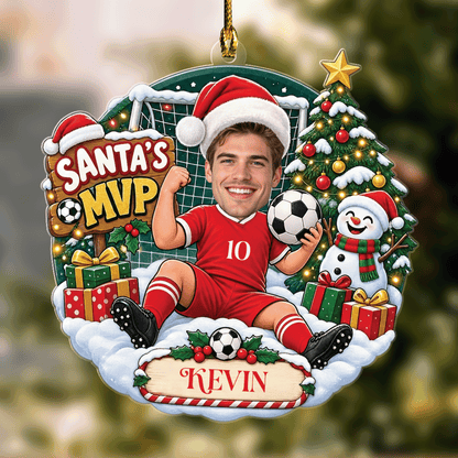 Personalized Santa's MVP Soccer Player Photo Christmas Acrylic Ornament, Custom Name Jersey Soccer Boy Xmas Tree Hanging Decor Keepsake, Sports Holiday Gift