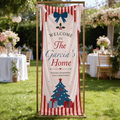 Coquette Red Stripe Blue Christmas Tree Family Fabric Welcome Banner, Personalized Family Name Home Entrance Hanging Sign with Ribbon Ties, Classic Vintage Xmas Party Decor