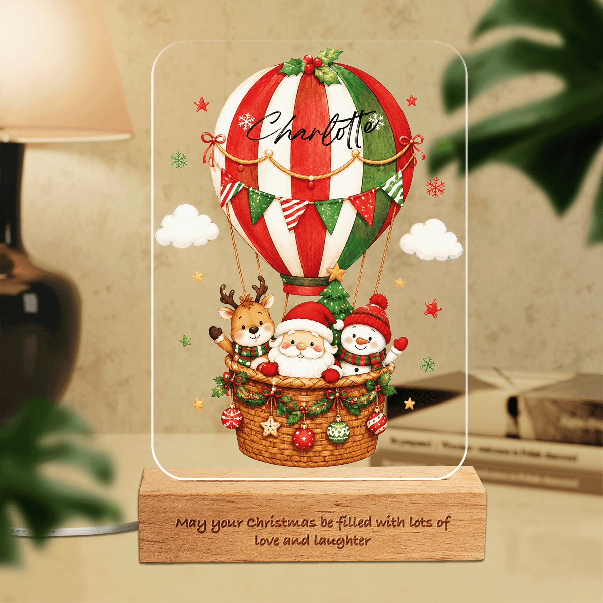 Custom Christmas Hot Air Balloon Name Night Light - Personalized Santa Reindeer Snowman Acrylic Night Light with Engraved Beech Wood Base