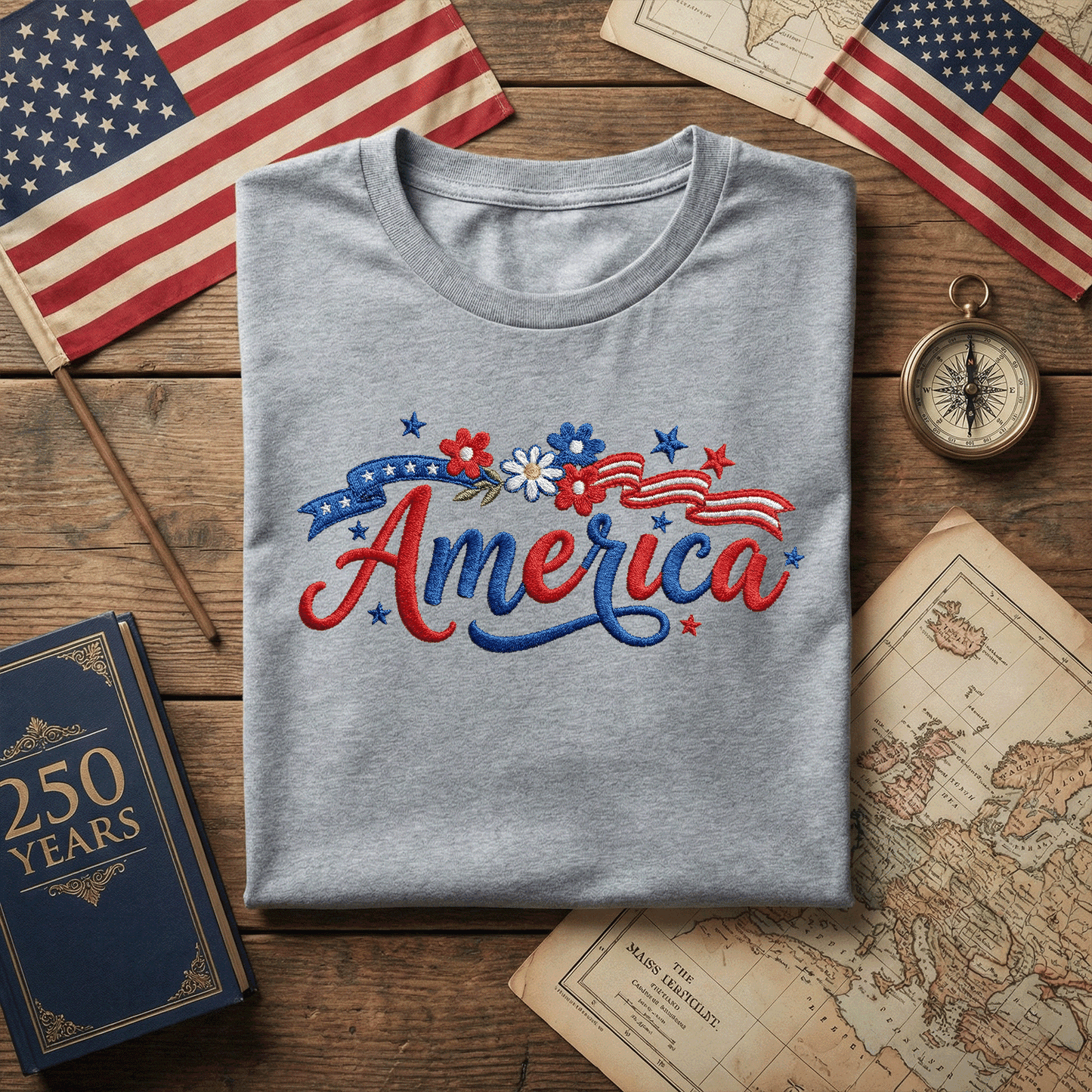 Floral America - Patriotic USA Flag with Flowers T-Shirt Design