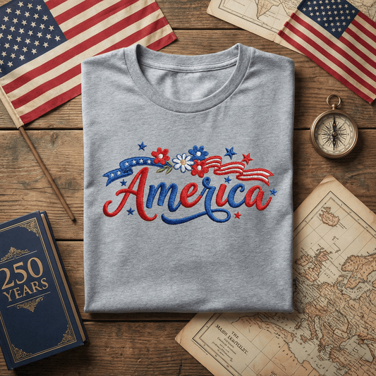 Floral America - Patriotic USA Flag with Flowers T-Shirt Design