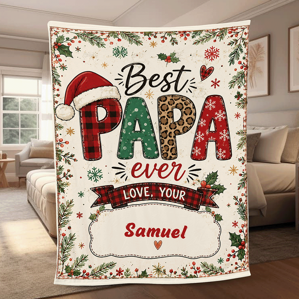 Personalized Best PAPA Ever Christmas Blanket, Custom Name Buffalo Plaid Leopard Grandpa Xmas Fleece Blanket, Cozy Holiday Keepsake Gift for Dad Grandpa Papa