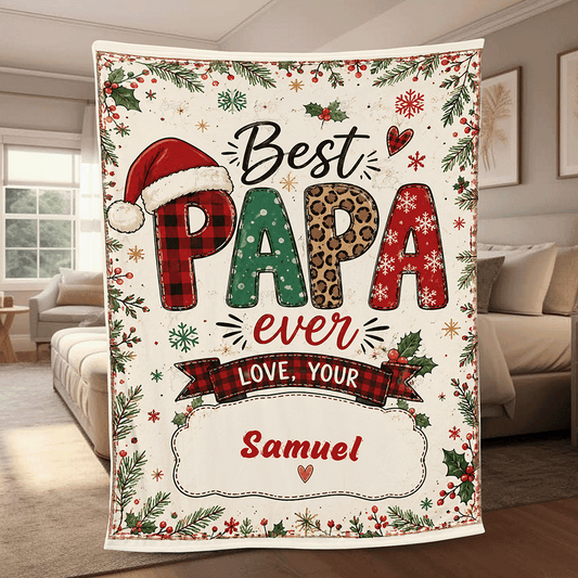 Personalized Best PAPA Ever Christmas Blanket, Custom Name Buffalo Plaid Leopard Grandpa Xmas Fleece Blanket, Cozy Holiday Keepsake Gift for Dad Grandpa Papa