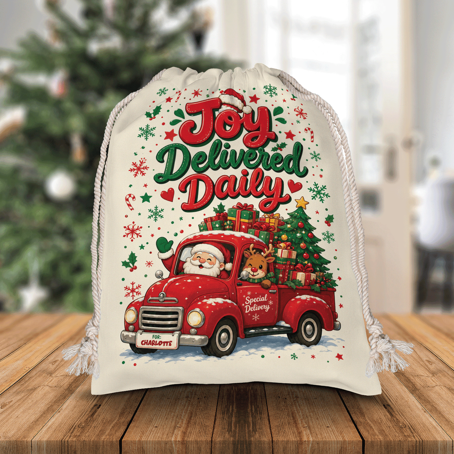 Personalized Joy Delivered Daily Christmas Sack, Custom Name Santa Gift Bag