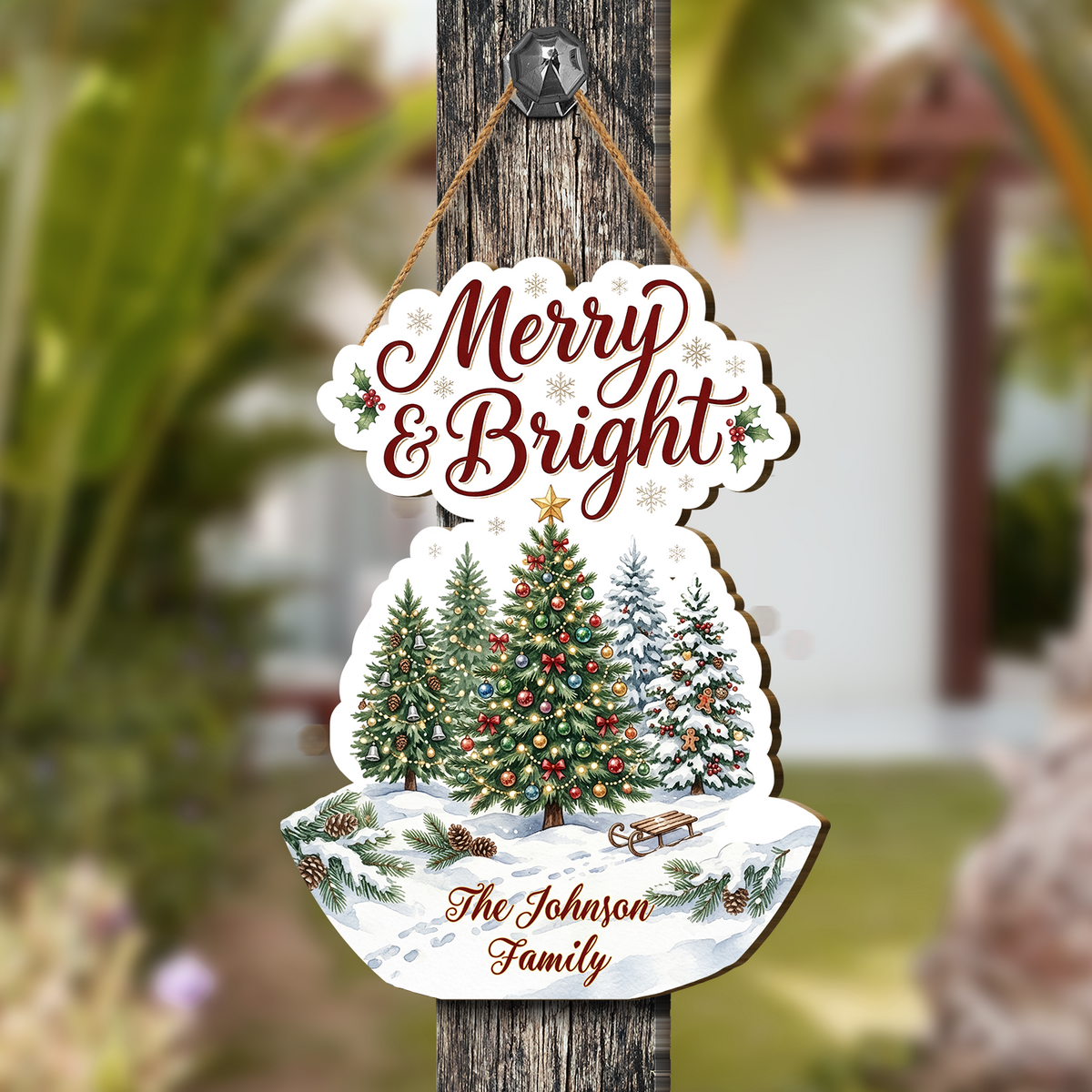 Personalized Christmas Trees Custom Shape Wood Sign, Custom Family Name Merry & Bright Winter Snowy Trees Wooden Hanging Plaque, Festive Holiday Door & Wall Decor Family Gift