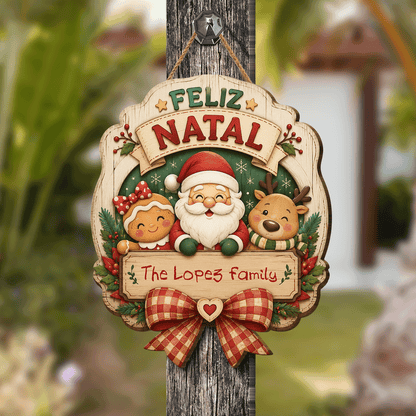 Personalized Feliz Natal Santa Gingerbread Reindeer Custom Shape Wood Sign, Custom Family Name Merry Christmas Hanging Wooden Plaque, Holiday Door & Wall Decor Family Gift