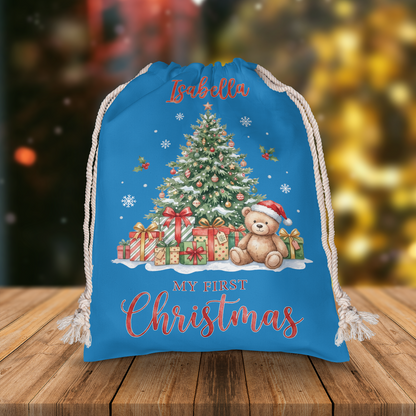 Personalized Blue Christmas Tree Christmas Sack with Custom Name